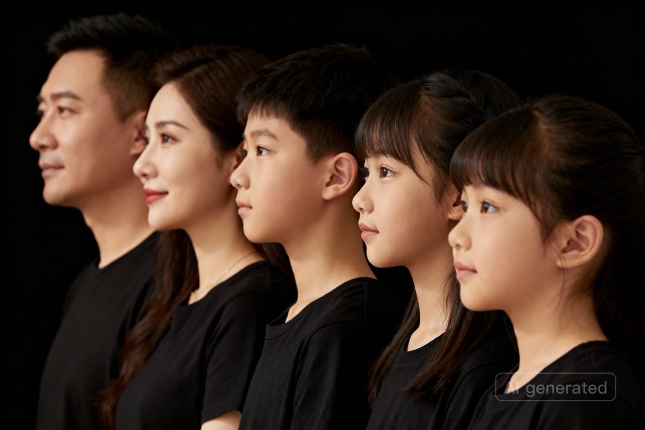 Трендовый семейный портрет - вид в профиль сбоку