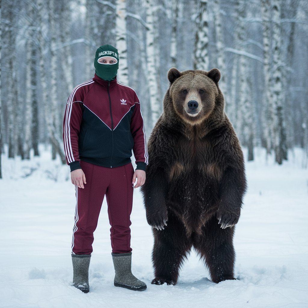 Фото с медведем в зимнем березовом лесу. С помощью нейросети