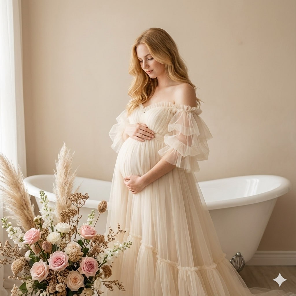 Фотосессия для беременных - светлая фотография с цветочным декором